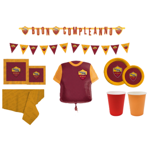 Kit compleanno as roma 93pz (1 tovaglia, 1 festone, 2 festoni bandierine, 40 tovaglioli, 24 piatti, 24 bicchieri, 1 palloncino maglia roma)