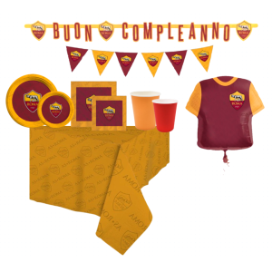 Kit compleanno as roma per 24 persone – 93 pezzi con tovaglia, festone, bandierine, piatti, bicchieri, tovaglioli e palloncino maglia – festa a tema calcio