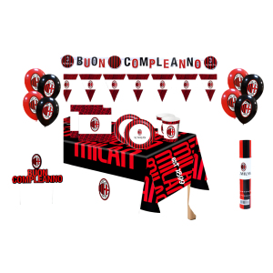 Kit compleanno milan 106pz (1 tovaglia,12 palloncini, 40 tovaglioli, 24 bicchieri, 24 piatti, 2 festoni bandierine, 1 sparacoriandoli, 1 festone, 1 decorazione torta)