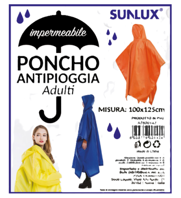 Poncho antipioggia adulti 3pz 100x125cm in pvc