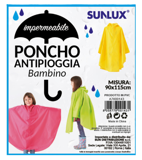 Poncho antipioggia bambini 3pz 90x115cm in pvc