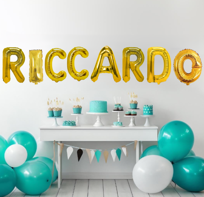 Palloncini nome Riccardo, kit scritto con lettere Oro altezza 35cm