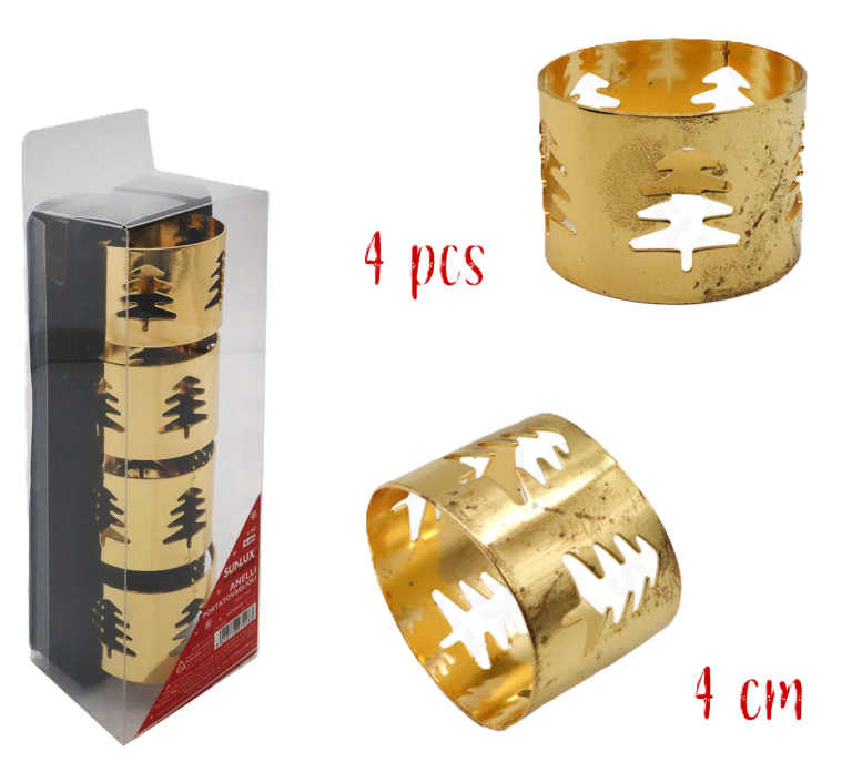 Anelli portatovaglioli di Natale Abete oro 4cm conf. 4 pezzi