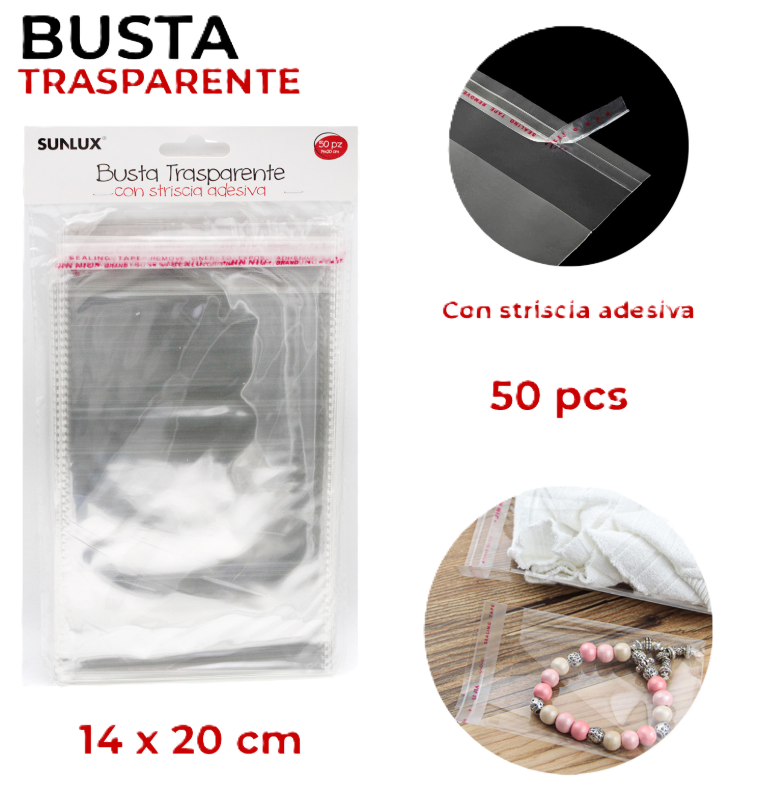 Buste trasparenti con striscia adesiva 14x20cm 50 pezzi