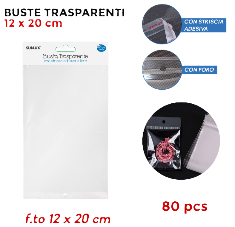 Buste trasparenti con striscia adesiva e foro 12x20cm 80 pezzi