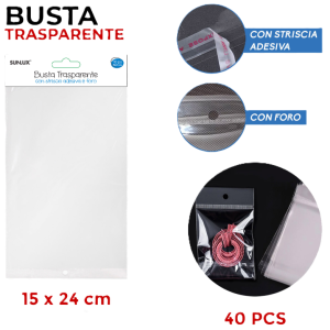 Buste trasparenti con striscia adesiva e foro 15x24cm 40 pezzi