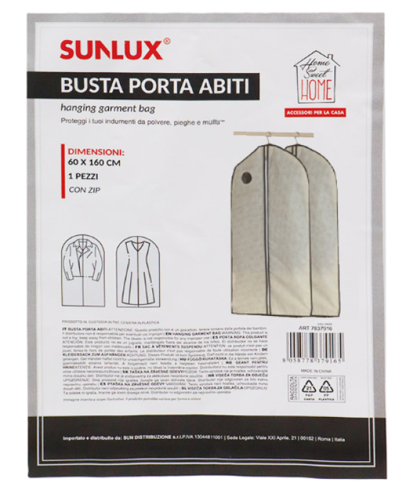 Busta porta abiti con zip 60x160cm