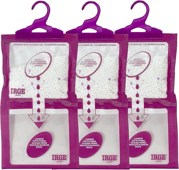 Set 3 Deumidificatore con Appendino 2 in 1 IRGE, Anti-Umiditu00e0 e Anti-Odore, Capacitu00e0 500 ml, Ideale per Armadi e Ambienti Domestici, Fragranza Lavanda