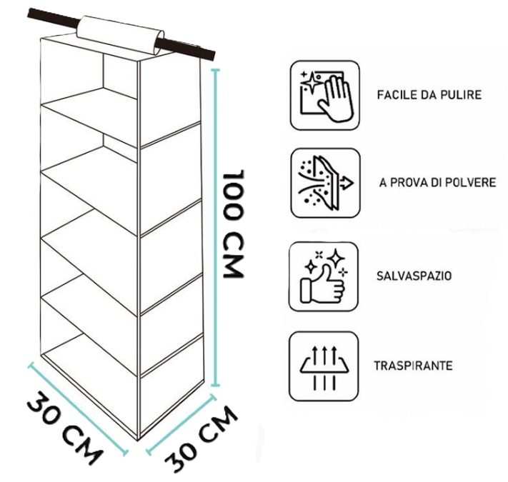 Organizer 5 piani bianco 30x30x100cm 1pz