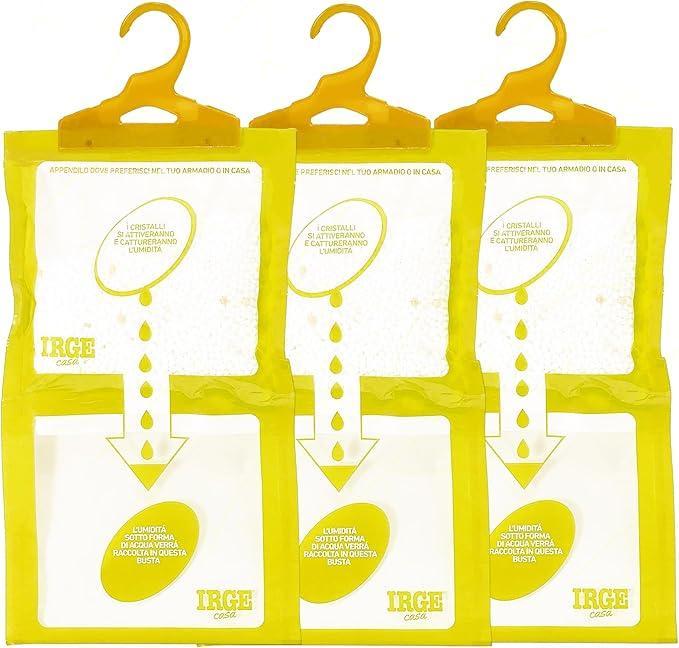 Set 3 Deumidificatore con Appendino 2 in 1 IRGE, Anti-Umiditu00e0 e Anti-Odore, Capacitu00e0 500 ml, Ideale per Armadi e Ambienti Domestici, Fragranza Vaniglia