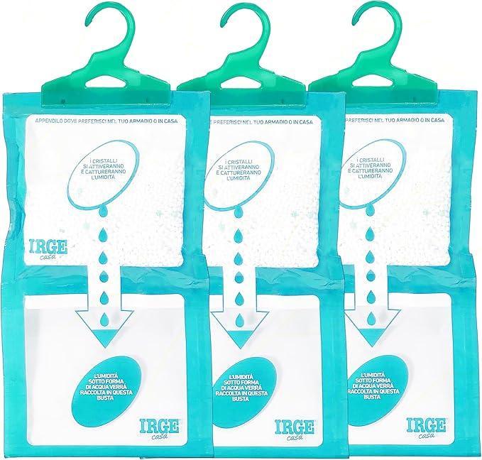 Set 3 Deumidificatore con Appendino 2 in 1 IRGE, Anti-Umiditu00e0 e Anti-Odore, Capacitu00e0 500 ml, Ideale per Armadi e Ambienti Domestici, Fragranza Muschio Bianco