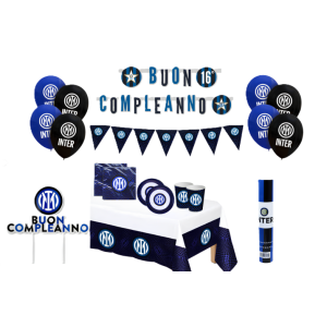 Kit compleanno inter 106pz (1 tovaglia,12 palloncini, 40 tovaglioli, 24 bicchieri, 24 piatti, 2 festoni bandierine, 1 festone, 1 sparacoriandoli, 1 decorazione torta)