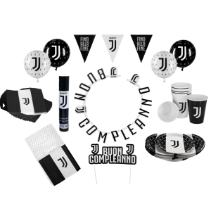 Kit compleanno juventus 106pz (1 tovaglia,12 palloncini, 40 tovaglioli, 24 bicchieri, 24 piatti, 2 festoni bandierine, 1 sparacoriandoli, 1 festone, 1 decorazione torta)
