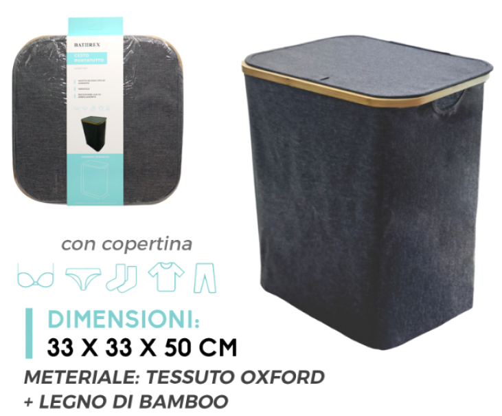 Organizer cesto in tessuto e legno bamboo con coperchio 33x33x50cm