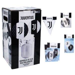 Bombola ad elio juv ntus con kit festa (1 festone 12 bandierine, 12 sottobicchieri 10cm, 12 palloncini 30cm, 2 palloncini foil 45cm)