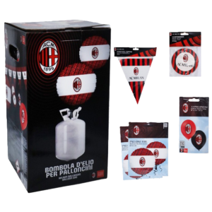 Bombola ad elio milan con kit festa (1 festone 12 bandierine, 12 sottobicchieri 10cm, 12 palloncini 30cm, 2 palloncini foil 45cm)