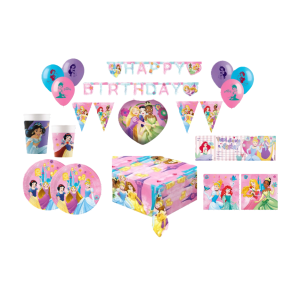 Kit compleanno principesse 123pz ( 1 tovaglia, 24 piatti, 40 tovaglioli, 24 bicchieri, 1 festone, 2 festoni bandierine, 10 palloncini in lattice, 1 palloncino metal, 20 biglietti inviti)