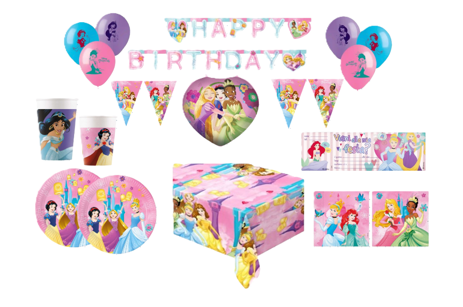 Kit compleanno Principesse 123pz ( 1 tovaglia, 24 piatti, 40 tovaglioli, 24 bicchieri, 1 festone, 2 festoni bandierine, 10 palloncini in lattice, 1 palloncino metal, 20 biglietti inviti)