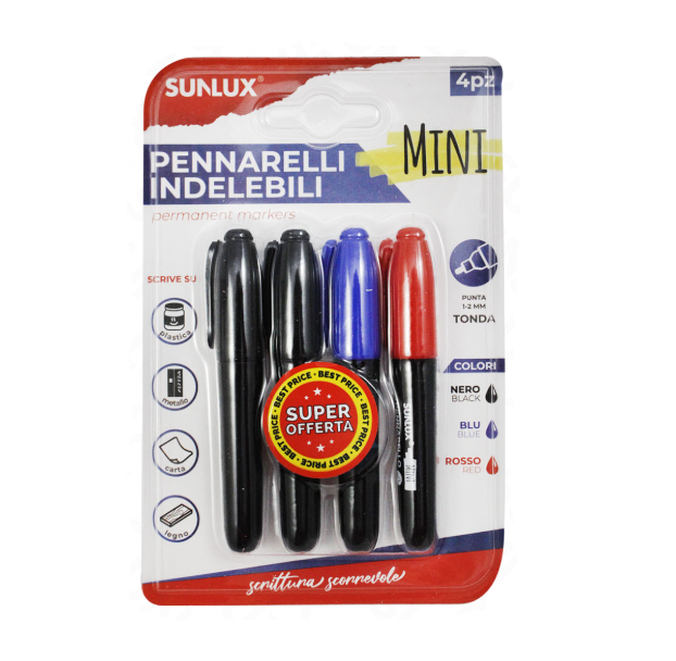 SUNLUX Pennarelli indelebili mini punta tonda 1-2mm nero blu rosso 4 pezzi