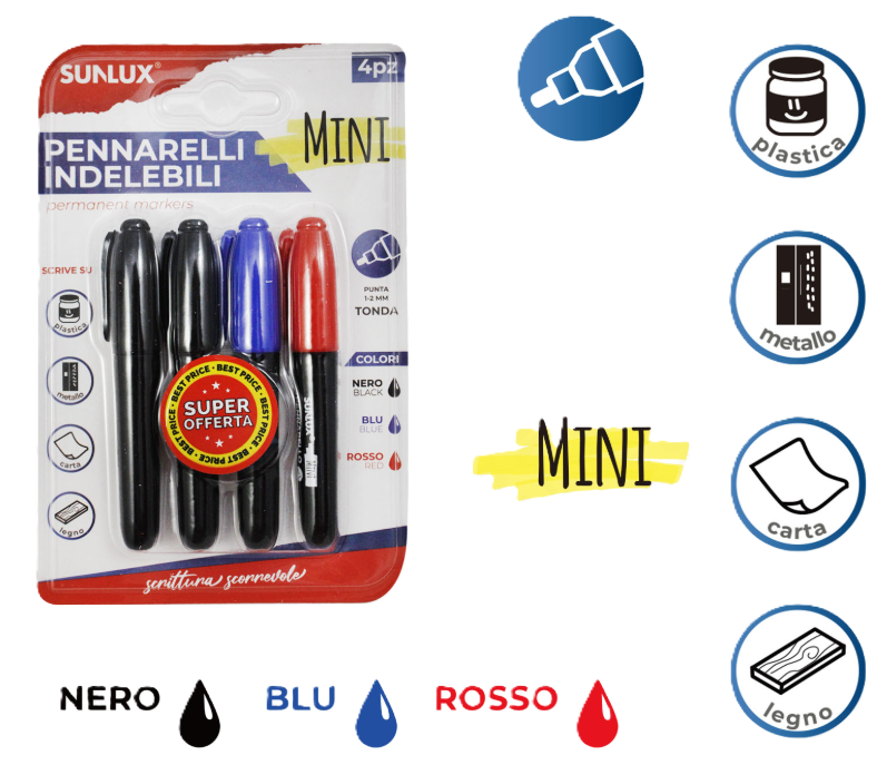 SUNLUX Pennarelli indelebili mini punta tonda 1-2mm nero blu rosso 4 pezzi