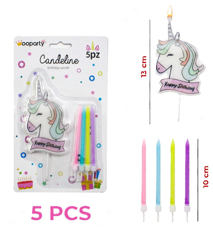 Candeline Happy Birthday Unicorno 13cm candeline colori assortiti 10cm