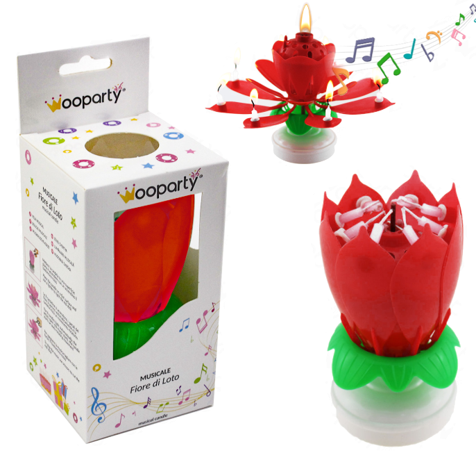 Candela musicale Fiore di Loto Rosso 11x6,5cm