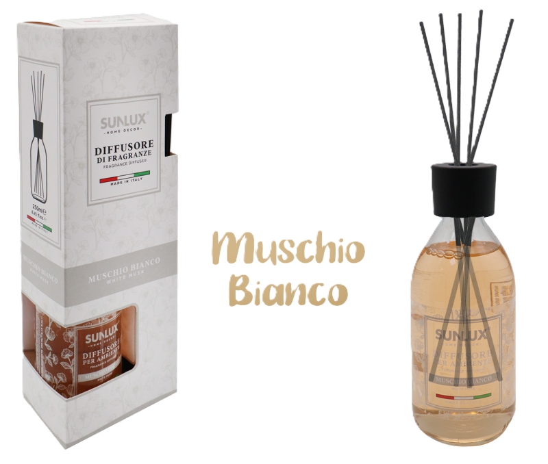 Profumatore per Ambienti u2013 Diffusore con Bastoncini 250ml u2013 Fragranza Musco Bianco