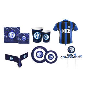 Kit compleanno inter 91pz (24 piatti, 40 tovaglioli, 1 tovaglia, 24 bicchieri, 1 palloncino maglia inter, 1 decorazione torta)