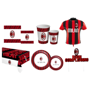 Kit compleanno milan 91pz (24 piatti, 40 tovaglioli, 1 tovaglia, 24 bicchieri, 1 palloncino maglia milan, 1 decorazione torta)