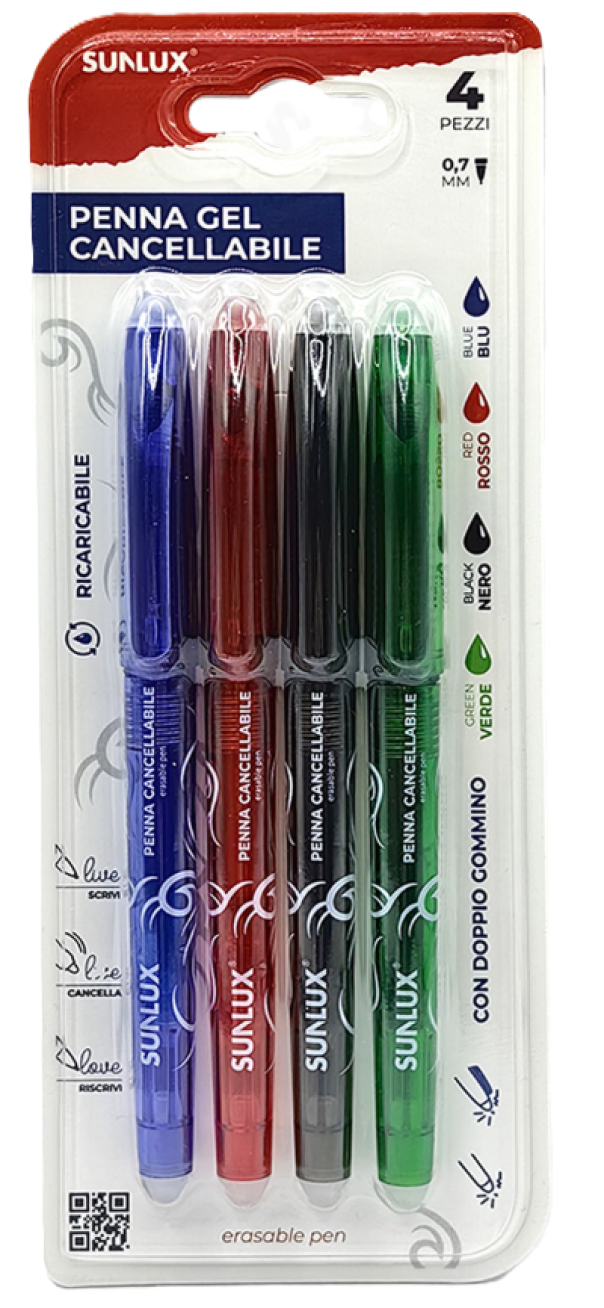 Penne Gel Sunlux cancellabili e ricaricabili 4pz 0.7mm