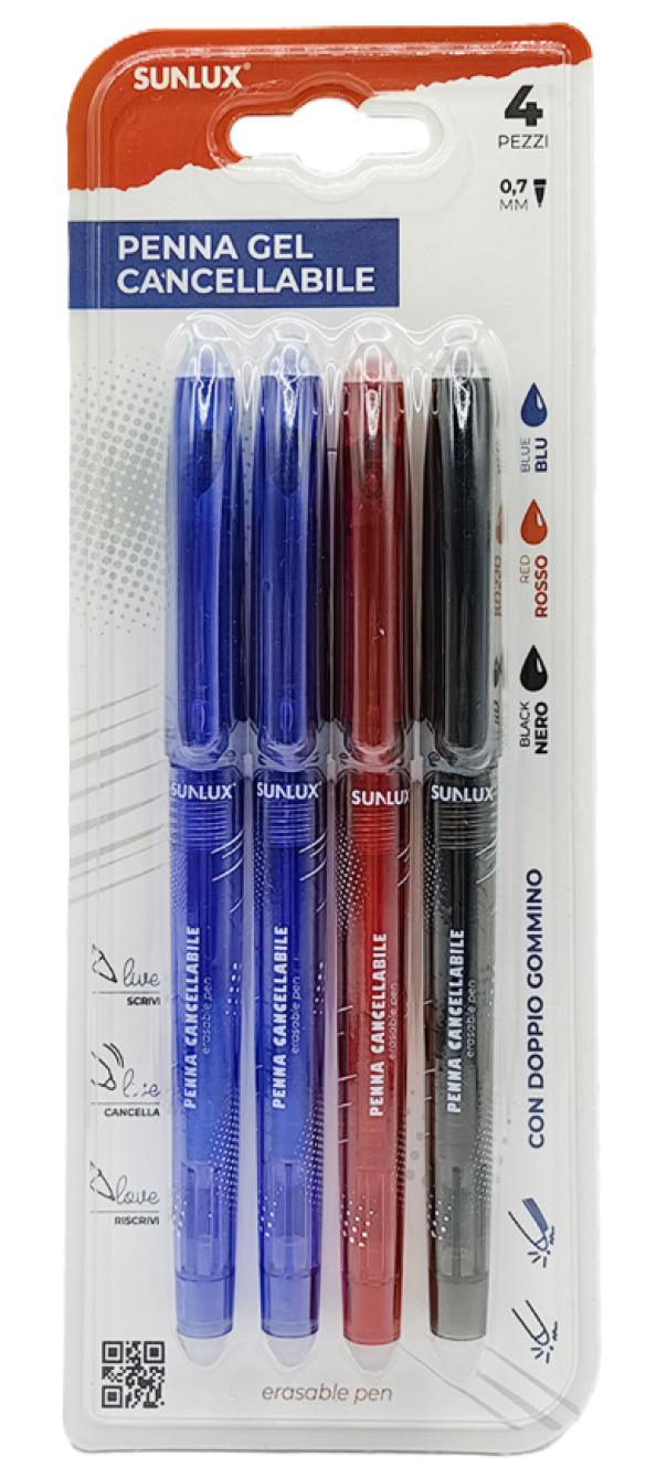 Penne Gel Sunlux cancellabili e ricaricabili 4pz 0.7mm