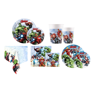 Kit compleanno avengers 113pz (24 piatti 23cm, 24 piatti 20cm, 40 tovaglioli, 24 bicchieri, 1 tovaglia)