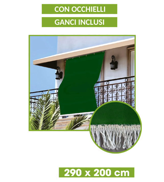 Tenda da sole con occhielli e ganci 290x200cm Verde