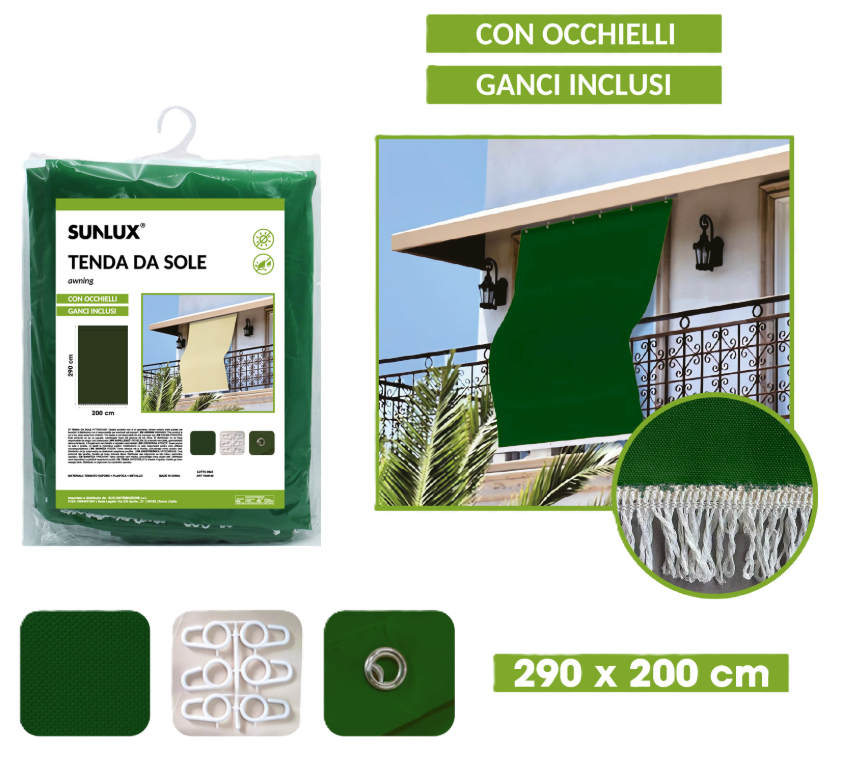 Tenda da sole con occhielli e ganci 290x200cm Verde