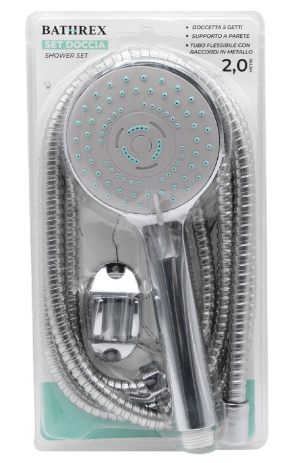 Set Doccia 3 pezzi - tubo, doccetta 5 getti, supporto