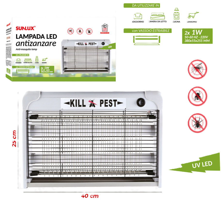 Lampada UV Led antizanzare Elettrica 2W, Vassoio raccogli insetti, Per Interno e Esterno, 25x40x5,5cm