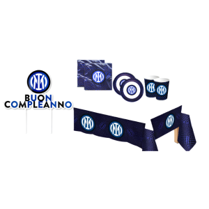 Kit festa di compleanno a tema inter (20 tovaglioli, 1 tovaglia, 8 piatti, 8 bicchieri , 1 decorazione torta)