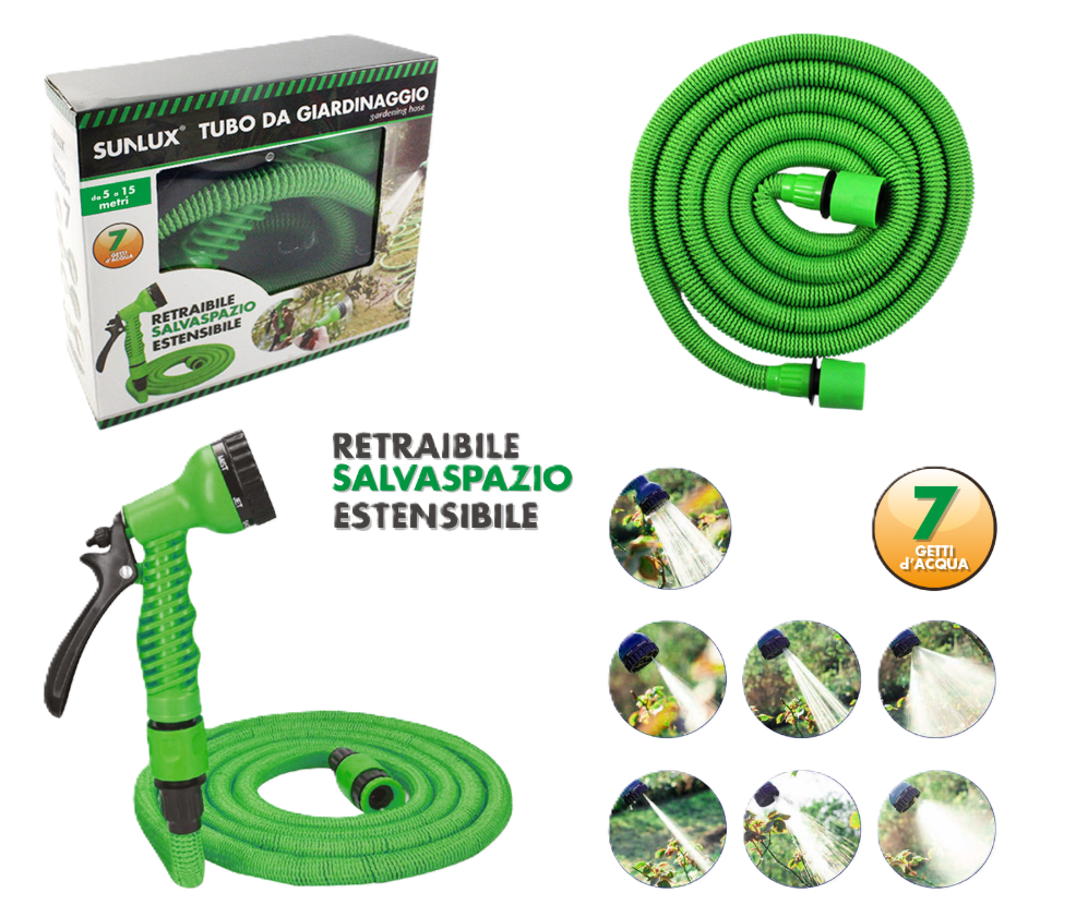 Tubo da giardinaggio retraibile estensibile da 5 a 15 metri con pistola a 7 getti
