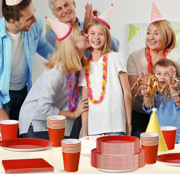 Set Stoviglie Monouso Rosso 112 pezzi , festa di compleanno, kit per 24 ospiti