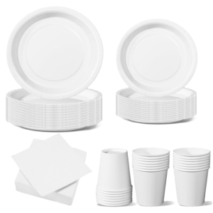Set stoviglie carta monouso bianco 112 pezzi , festa di compleanno, kit per 24 ospiti