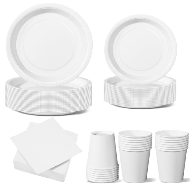 Set Stoviglie Monouso Bianco 112 pezzi , festa di compleanno, kit per 24 ospiti