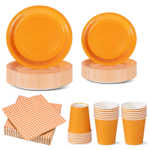 Set stoviglie carta monouso arancione 112 pezzi , festa di compleanno, kit per 24 ospiti