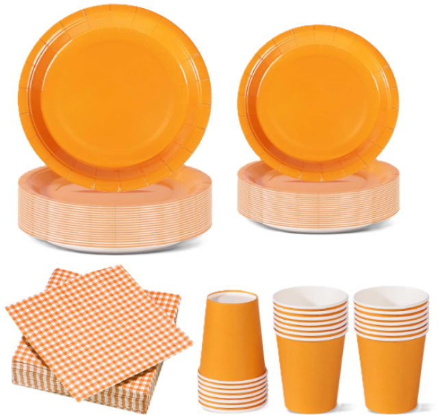 Set Stoviglie Monouso Arancione 112 pezzi , festa di compleanno, kit per 24 ospiti