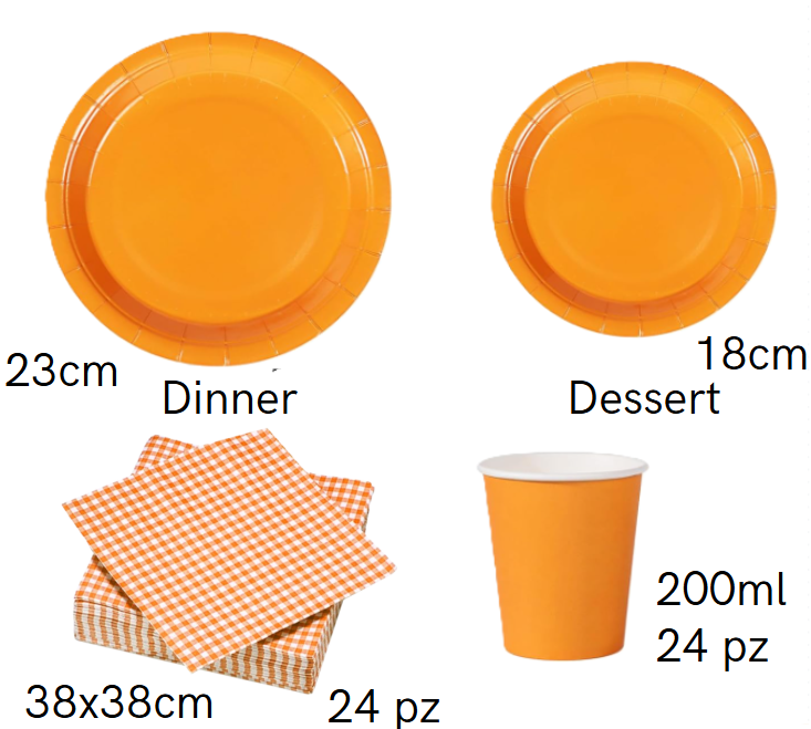 Set Stoviglie Monouso Arancione 112 pezzi , festa di compleanno, kit per 24 ospiti