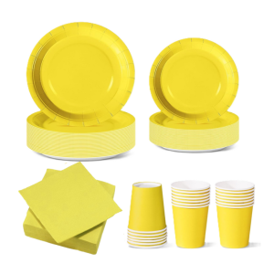 Set stoviglie carta monouso giallo 112 pezzi , festa di compleanno, kit per 24 ospiti