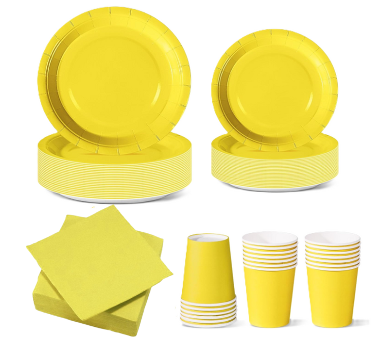 Set Stoviglie Monouso Giallo 112 pezzi , festa di compleanno, kit per 24 ospiti