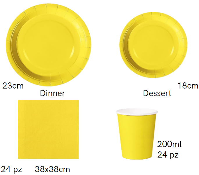 Set Stoviglie Monouso Giallo 112 pezzi , festa di compleanno, kit per 24 ospiti