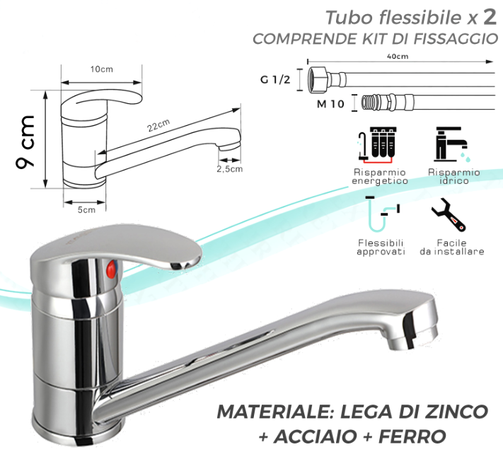 Rubinetto cromato lavello basso con kit di fissaggio