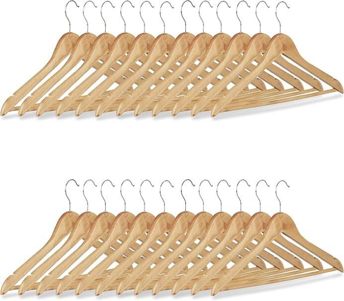 Grucce in Legno, 24 Pezzi, Grucce Appendiabiti, con Scanalature sulle Spalle, Barra per Pantaloni, Giacche Camicie Cappotti, Beige Naturale