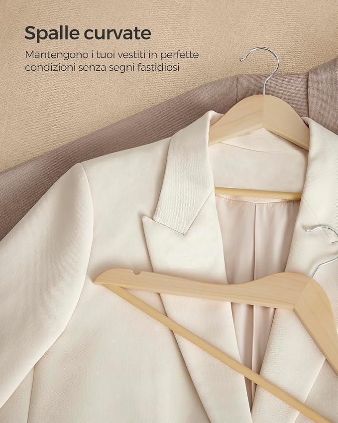 Grucce in Legno, 24 Pezzi, Grucce Appendiabiti, con Scanalature sulle Spalle, Barra per Pantaloni, Giacche Camicie Cappotti, Beige Naturale